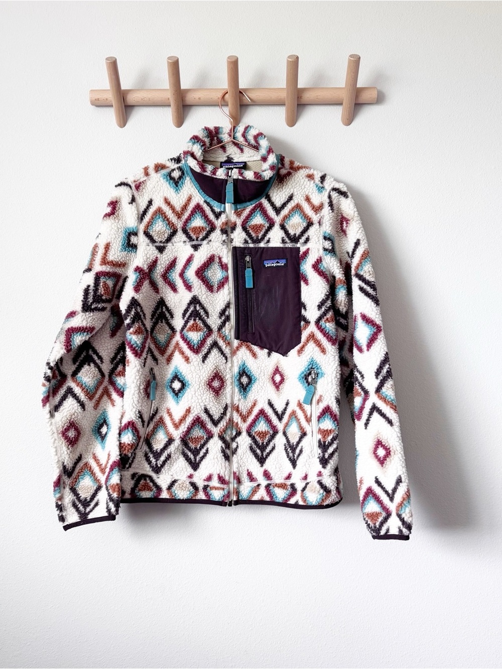 Patagonia Retro X Fern Sherpa Jacket in Ivory with Teal and Burgundy Accents